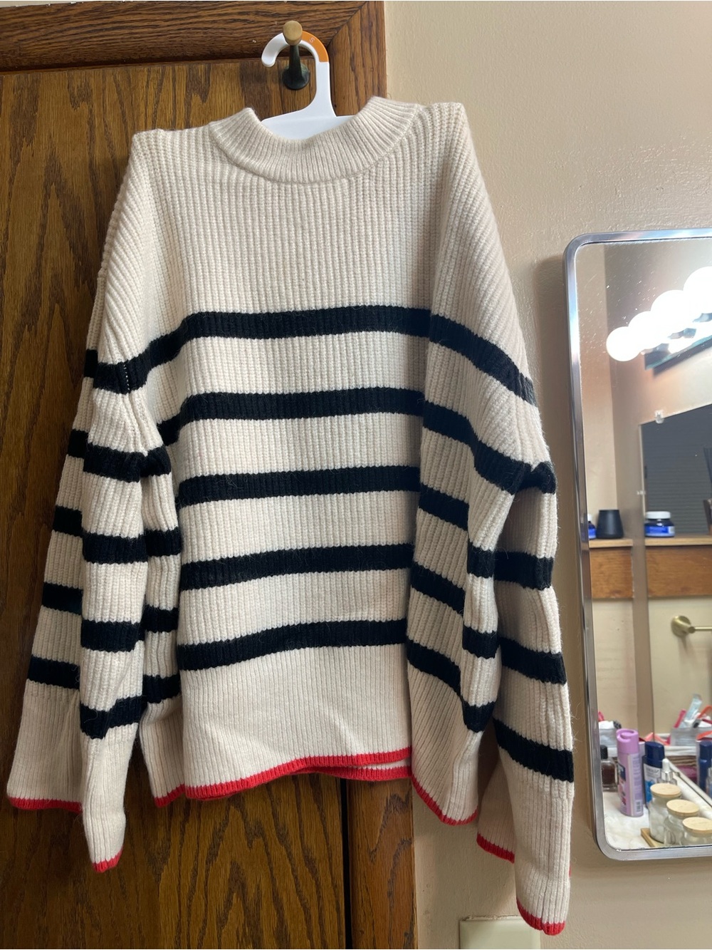 Zara Striped Cream and Black Crewneck Sweater with Red Trim